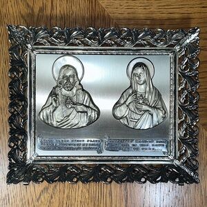 ANTIQUE Catholic Jesus and Mary Sacred Heart Metal Plaque